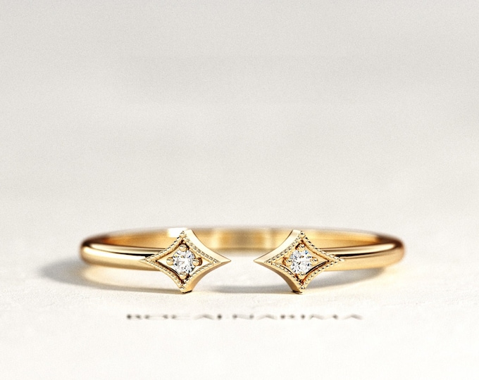 Art Deco Diamond Ring / Stars Diamond Ring / Cuff Diamond Ring / Milgrains Diamond Ring / 14k,18k Rose Gold Open Ring / Rhombus Ring