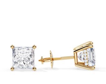2 CT Princess CVD Diamond Hidden Halo Earrings / Stud Basket Pair of Earrings Yellow Gold / Dainty Screw Back Earrings / Lab Grown Diamonds