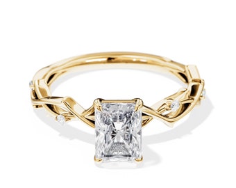 Anillo de compromiso inspirado en la naturaleza de diamante cultivado en laboratorio radiante de 1 quilate / Anillo de diamante de ramita de oro amarillo / Anillo de rama de naturaleza única / Diamante CVD