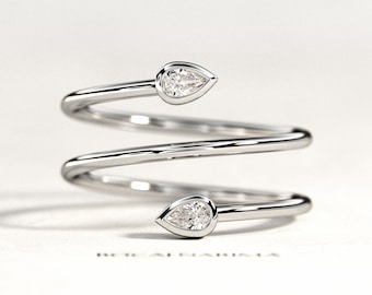 Two Stone Pear Cut Diamonds Ring / Bezel Diamond Ring / Spiral Wedding Band / White Gold Spiral Diamond Ring / Wrap Diamond Ring / 2 Stone