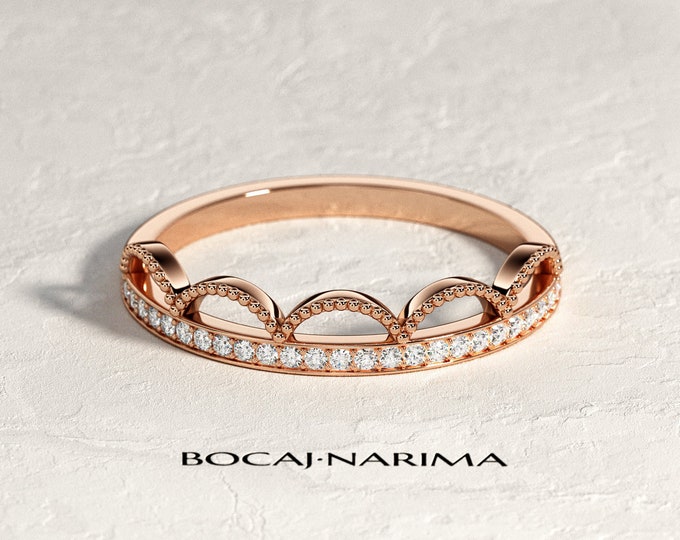 Crown Wedding Band / Rose Gold Crown Ring / Milgrains Wedding Band / Pave Set Womens Wedding Band / 0.14ct Diamonds / Stacking Ring