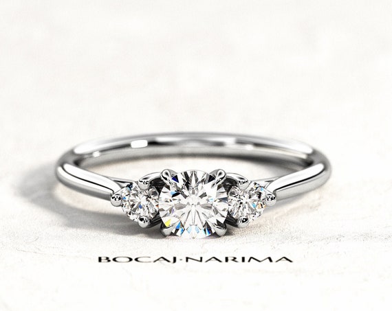 0.5 Carat Diamond or Moissanite Three Stone Ring, Dainty 3 Stone Engagement Ring, Trellis Three Stone Ring, Two Side Natural Diamonds .22ct