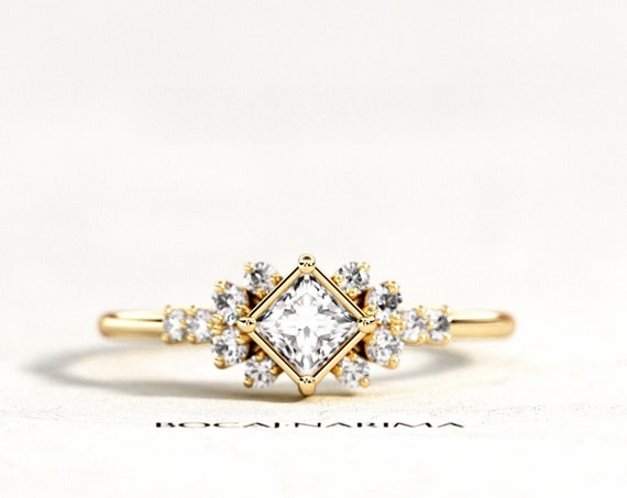 Princess Cut Diamond Engagement Ring, Cluster Engagement Ring, Geometric Diamond Ring, Dainty Cluster Diamond Ring, Princess Cut Ring