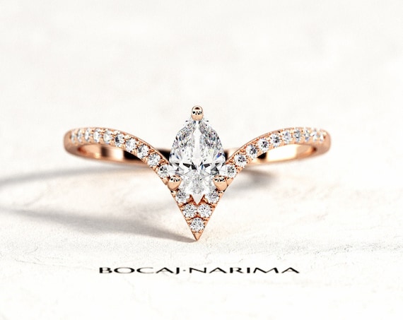 0.5 Carat Pear Cut Moissanite or Diamond V Shape Engagement Ring, Rose Gold Chevron Engagement Ring, Pear Cut Nesting Diamond Ring