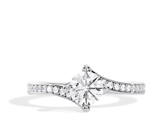 1 Carat F VS1 Lab Grown Diamond Compass Set Bypass Engagement Ring / White Gold Twisted Prongs Unique 4 Prong Diamond Ring