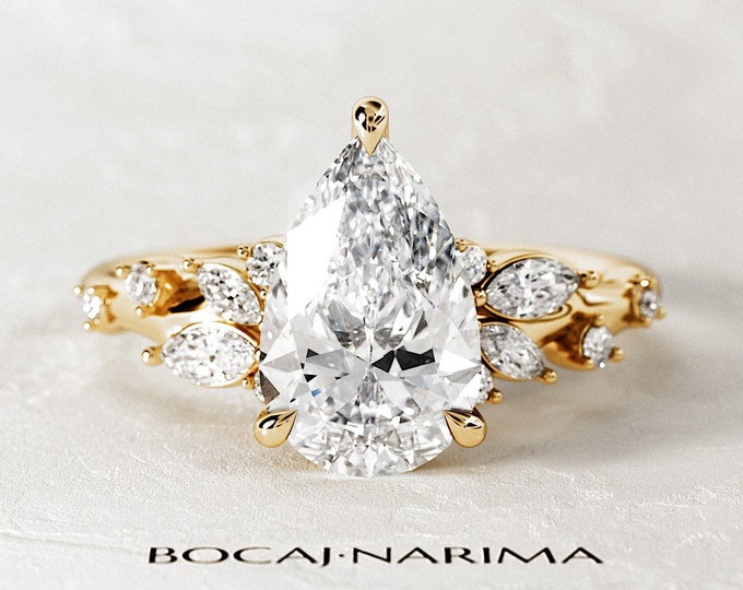 2 Carat Pear Lab Grown Diamond Twig Engagement Ring / VS1 F CVD Diamond IGI Certified / Diamond Nature Inspired Engagement Ring / Leaf Ring
