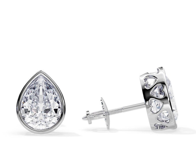 2 Carat Pear Cut Diamond Basket Earrings / Unique Gallery Bezel Set Stud Earrings / White Gold Solitaire Screw Back Earrings / 2CT Art Deco