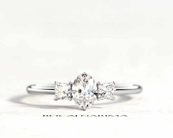 0.5 Carat Oval Diamond or Moissanite 3 Stone Engagement Ring, Three Stone Diamond Ring, 0.5ct Oval and 0.26ct Princess Cut Diamonds