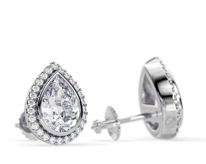 2 Carat Pear Cut Lab Grown Diamond Earrings / Bezel Set Screw Back Earrings / White Gold Pear Halo Stud Earrings / Unique Pair of Earrings