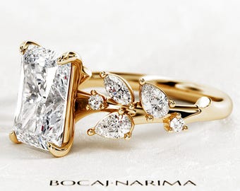 3 Carat Elongated Radiant Cut Lab Diamond Twig and Leaf Engagement Ring / 14k Gold Boho Diamond Ring / Unique Nature Inspired Proposal Ring