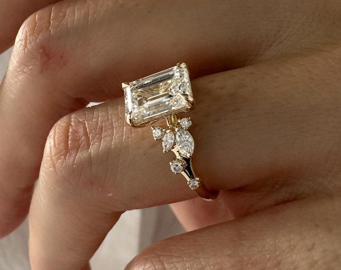 2 Carat Emerald Cut Lab Grown Diamond Twig Engagement Ring / 14k Yellow Gold Leaf and Branch Ring / Nature Inspired / VVS2 F Lab CVD Diamond