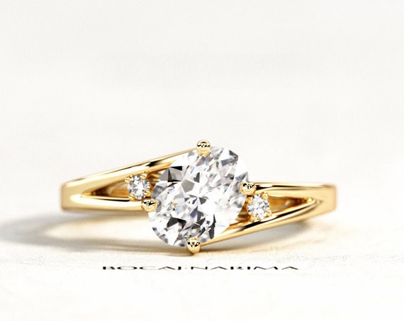 1 Carat Oval Forever One Moissanite Engagement Ring, Twisted Engagement Ring, Yellow Gold Three Stone Ring, Split Shank Engagement Ring