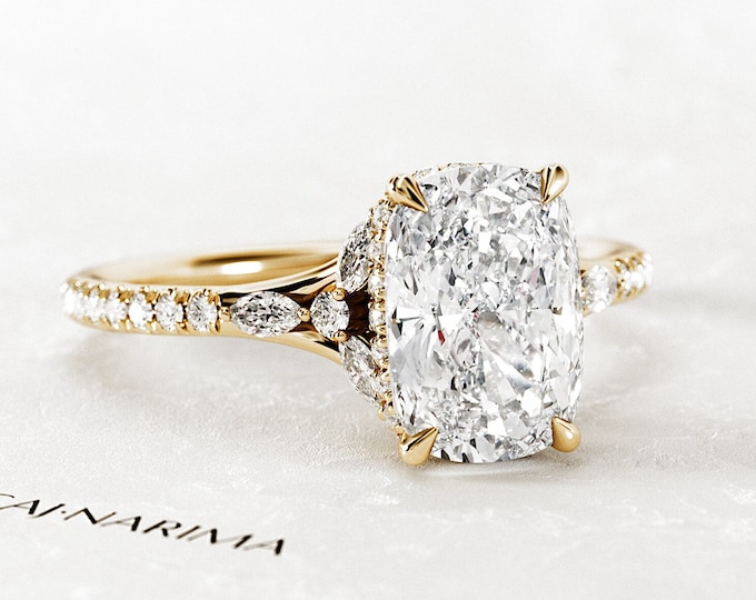 2 Carat Elongated Cushion Lab Frown Diamond Engagement Ring / Nature Inspired Yellow Gold Lab Created Diamond Ring / Unique Boho Ring