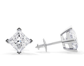 2 Carat Princess Cut Lab Grown Diamond Basket Stud Earrings / White Gold Classic Screw Back Earrings / 2 CT Diamond VS1-F Pair of Earrings