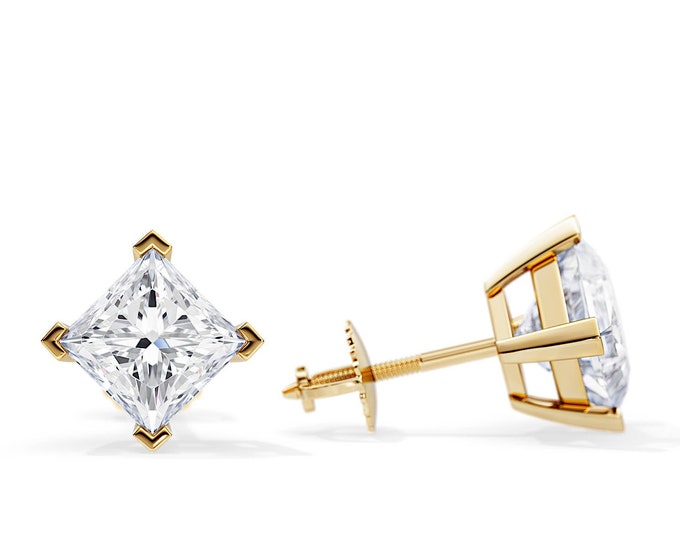 2 Carat Princess Cut Natural Diamond Basket Stud Earrings / Classic Yellow Gold Screw Back Earrings / 2 CT Total Diamond VS2-F GIA Certified