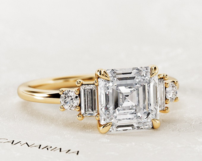 2 Carat Asscher Cut Lab Grown Diamond Five Stone Engagement Ring / Art Deco Asscher & Baguette Diamonds Ring / Unique 5 Stone Proposal Ring