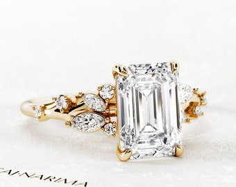 2 Carat Emerald Cut Lab Grown Diamond Twig Engagement Ring / 14k yellow gold Branch Ring / Leaf Design Diamond Ring / VVS2 F Lab CVD Diamond