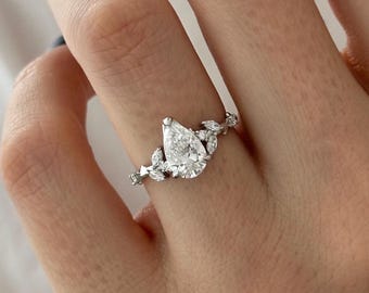 1 Carat Pear Cut E VVS2 Lab Grown Diamond Twig Engagement Ring / 14k White Gold Branch Nature Inspired Diamond Ring / Branch and Leaf Ring
