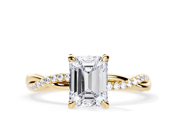 3 Carat Emerald Cut Moissanite Ring / 14K Yellow Gold Twisted Engagement Ring / 3 CT Emerald Moissanite Bridal Ring / Vine Wedding Ring /