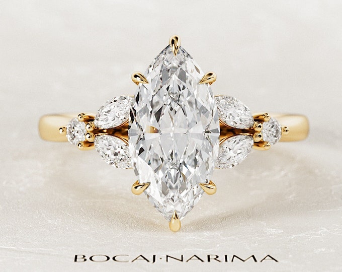 2 Carat Marquise CVD Diamond Twig Engagement Ring / Natured Inspire Yellow Gold Lab Grown Diamond Ring / Nature Leaf Ring / Boho Ring