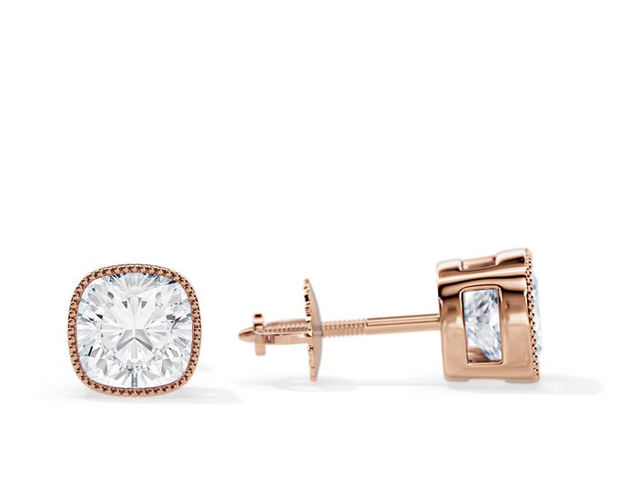2 Carat Square Cushion Diamond Bezel Earrings / Minimalist Vintage Earrings / Milgrains Basket Stud Earrings / Rose Gold Lab Grown Diamond