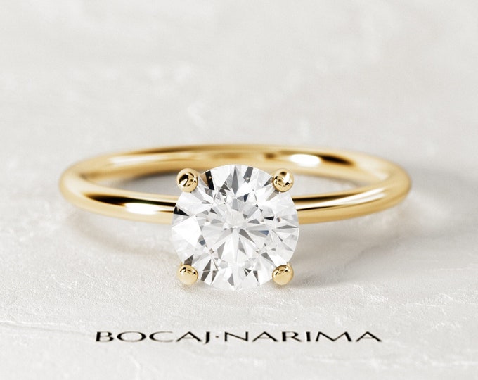 1 Carat Round Brilliant Moissanite Solitaire Ring / 1ct Engagement Ring  / 14K Yellow Gold Dainty Proposal Ring / Thin Dainty Bridal Ring