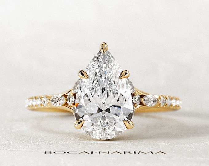 2 Carat Pear Cut Lab Grown Diamond Engagement Ring / Pear Shape Nature Inspired Hidden Halo Unique Proposal Ring / CVD Diamond F VS1 IGI