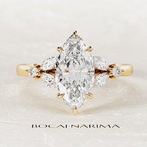 Anillo de compromiso con ramita de diamantes CVD de talla marquesa de 2 quilates / Anillo de diamantes cultivados en laboratorio de oro amarillo Natured Inspire / Anillo de hojas naturales / Anillo bohemio