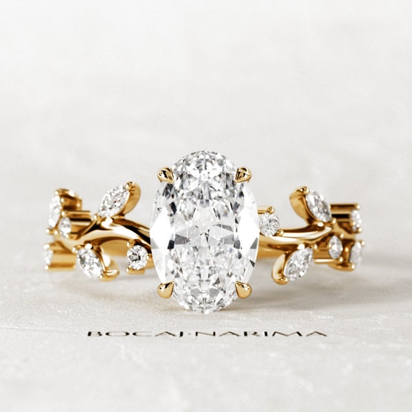 1.5 CT Oval CVD Diamond Branch Engagement Ring / Nature Inspired Twig Lab Grown Diamond Ring / Leaf Floral Wedding Ring / Yellow Gold Nature