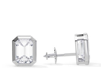 2 Carat Total Emerald Cut Diamond Bezel Set Earrings / White Gold Natural Diamond Earrings / VVS2-G GIA Certified / Stud Basket Earrings