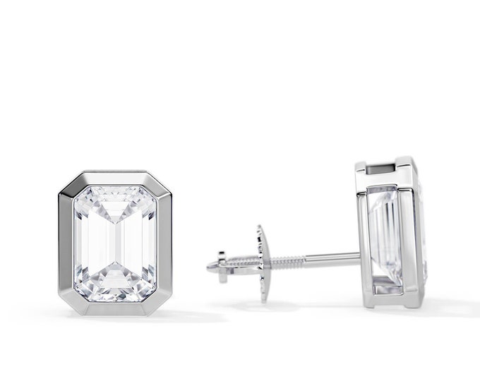 2 Carat Total Emerald Cut Diamond Bezel Set Earrings / White Gold Natural Diamond Earrings / VVS2-G GIA Certified / Stud Basket Earrings