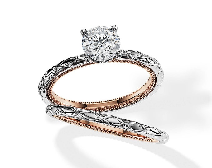 1 Carat Lab Grown Diamond Engagement Ring Set / Two Tone Bridal Set / Unique Womens Ring Set / Rose and White Gold / Vintage Bridal Sets