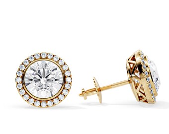 2 Carat Total Round Moissanite Bezel Set Earrings / Halo Stud Earrings / 14K or 18K Gold Screw Back Earrings / Colorless Moissanite Pair