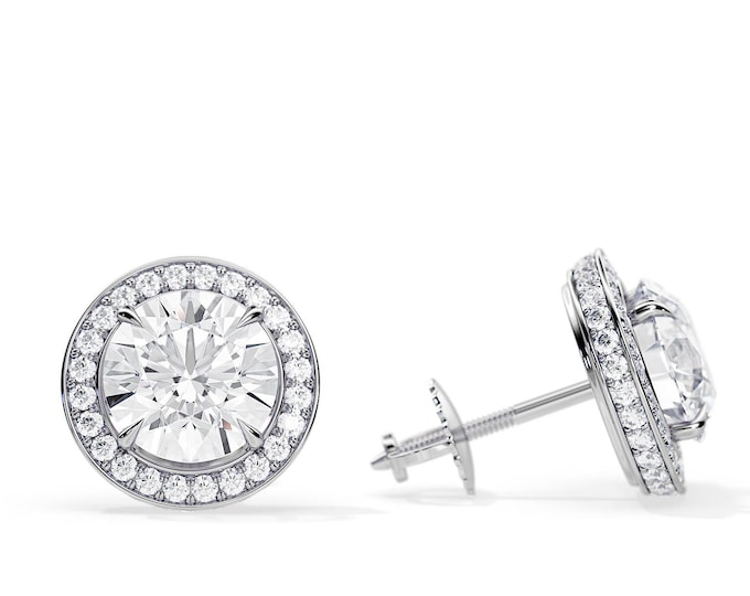 2.5 Carat Lab Grown Round Diamond Halo Stud Earrings / 18K 14K White Gold Screw Back Diamond Earrings / Double Edge Halo Pair of Earrings