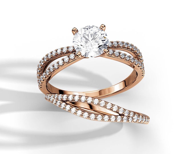 1.5 Lab Grown Diamond Bridal Set / 1 CT Round Lab Diamond Engagement Ring Set / Split Shank Ring Set / Rose Gold Diamond Proposal Ring