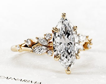 2 Carat Marquise Lab Grown Diamond Nature Inspired Ring / Marquise Twig Lab Diamond Ring / Leaf and Branch Yellow Gold Diamond Ring