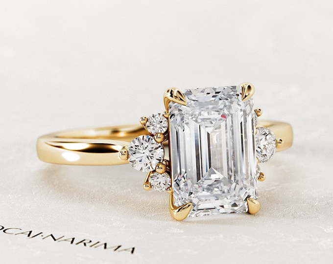 2 Carat Emerald Cut Lab Grown Diamond VVS2 E Cluster Engagement Ring / Nature Inspired Diamond Ring / Unique 14K Yellow Gold Nature Ring