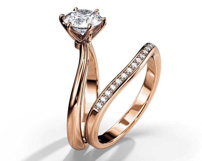 1 Carat Lab Diamond Swirl Bridal Set / 1 CT Round Lab Grown Solitaire Ring Set / Rose Gold Wave Ring Set / Unique Engagement Ring Set