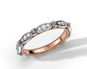 Vintage Diamond Wedding Band / Two Tone Wedding Band / Two Color Ring / Antique Wedding Ring / Milgrains Ring / Braided Diamond Band