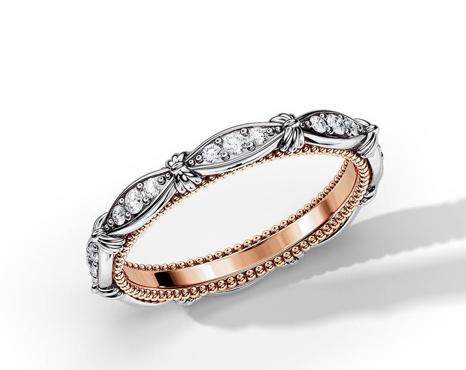 Vintage Diamond Wedding Band / Two Tone Wedding Band / Two Color Ring / Antique Wedding Ring / Milgrains Ring / Braided Diamond Band