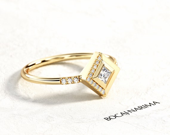 Princess Cut Diamond Engagement Ring, Unique Princess Bezel Set Ring, Yellow Gold Art Deco Ring, Rhombus Engagement Ring, Geometric Ring