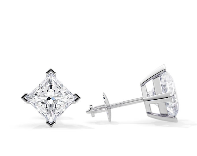 2 Carat Princess Cut Moissanite Basket Stud Earrings / White Gold Classic Screw Back Earrings / 2 CT Colorless Moissanite Pair of Earrings