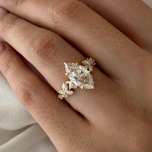 Anillo de compromiso con forma de rama de diamante de laboratorio de 2 quilates de talla marquesa / Anillo de diamantes con forma de hoja y rama / Anillo de diamantes CVD de inspiración natural de talla marquesa de oro de 14 k