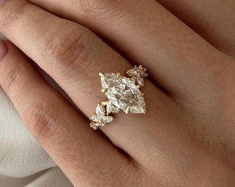 2 Carat Marquise Lab Diamond Twig Engagement Ring / Leaf and Branch Diamond Ring / 14k Gold Marquise Cut Nature Inspired CVD Diamond Ring
