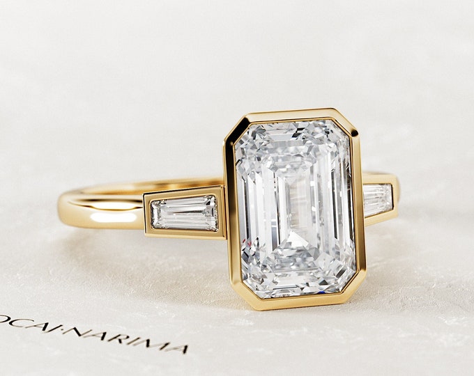 2 Carat Emerald Cut Lab Grown Diamond Art Deco Engagement Ring / Yellow Gold Unique Bezel Set Three Stone Ring / 2CT Emerald Diamond VVS2 F