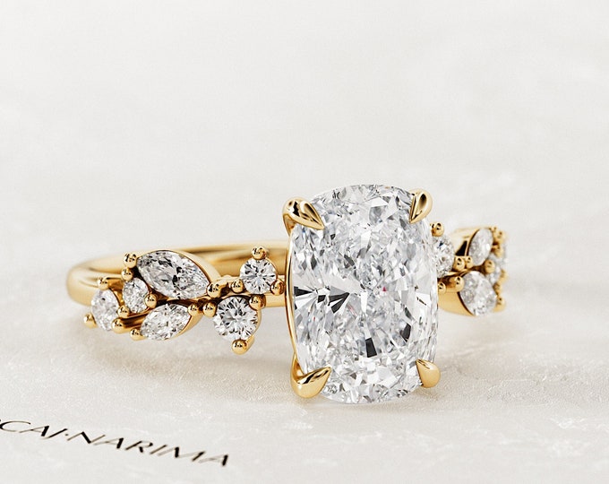 2 Carat Elongated Cushion Lab Grown Diamond Nature Inspired Engagement Ring / Cluster Twig Ring / 14k 18k Yellow Gold Floral Ring