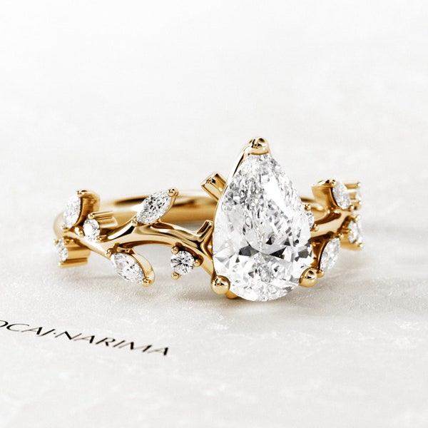 Anillo de compromiso con ramita de diamante cultivado en laboratorio en forma de pera de 1,5 quilates / Anillo de diamantes de inspiración natural / Anillo de bodas con ramita y hoja de oro de 14 quilates / Anillo de rama
