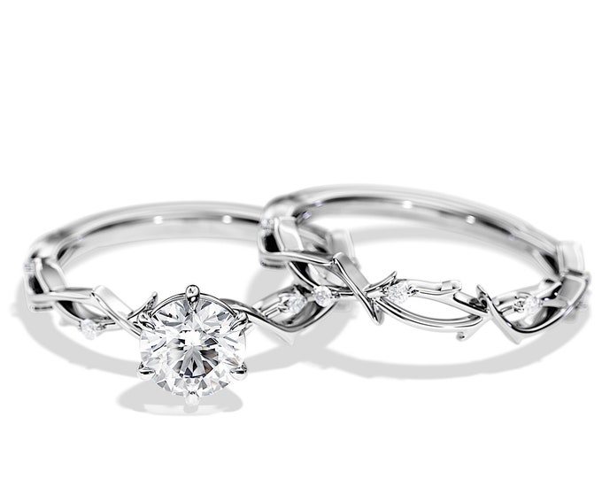 1 CT Natural GIA Diamond Twig Engagement Ring Set / Nature Ring Set / Branch Bridal Set / White Gold Womens Wedding Ring / Round Diamond