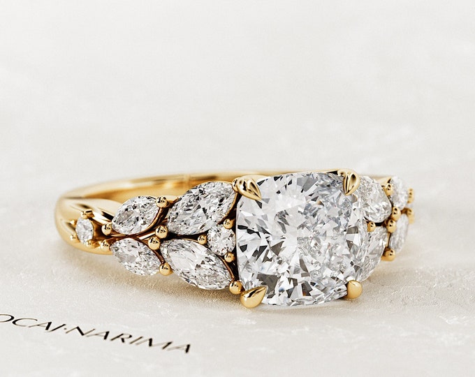 2 Carat Cushion Lab Grown Diamond Nature Inspired Engagement Ring / Cluster Diamond Ring / Yellow Gold Floral Ring / Unique Proposal Ring