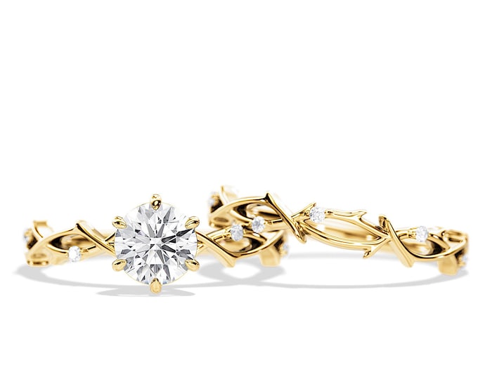1 Carat Round Moissante Twig Engagement Ring Set / 14K Gold Nature Inspired Engagement Ring / Matching Engagement Ring Set / Nature Rings